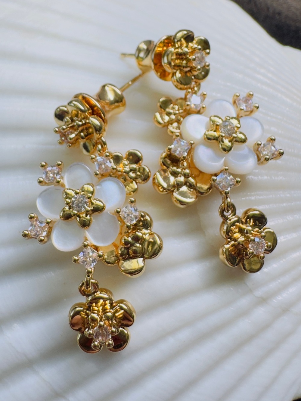 Mother of Pearl Floral CZ Earrings Gold Flower Earrings Sterling Silver Posts